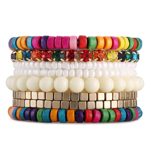 LUREME Boho Multi Strand Stackable Stretch Bracelet Set Wooden Cube Alloy Bead Bangle bl003172 - color: Multi Color