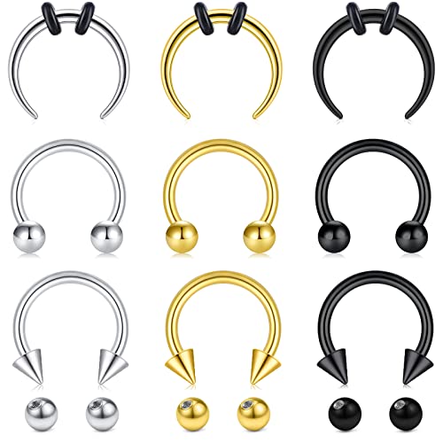 Longita Septum Rings Septum Jewelry 16g 18g Septum Ring Septum Piercing 20g Horseshoe Earring Hoop Lip Ring Silver Black Gold - color: silver+black+gold