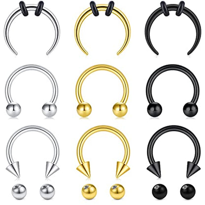 Longita Septum Rings Septum Jewelry 16g 18g Septum Ring Septum Piercing 20g Horseshoe Earring Hoop Lip Ring Silver Black Gold - color: silver+black+gold
