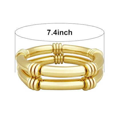 YBMYCM 5PCS Gold Chunky Bangles Bracelets for Women | 14k Gold Plated Stackable Layered Curved Bamboo Tube Stretch Bracelets Bangle Gift Jewelry - color: 2pcs G