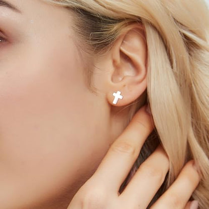 JSGEMSLEE Hypoallergenic 925 Sterling Silver Stud Earrings for Women With Screw Back Small Butterfly Heart Flower Earrings for Girls Tragus Cartilage Jewelry Gifts - color: cross