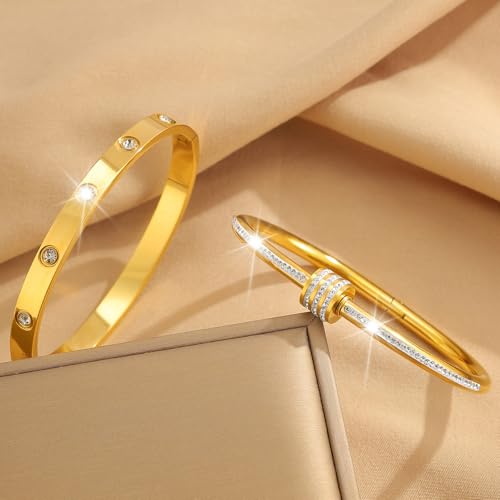 Camhanno Gold Bangles for Women - Stainless Steel Love & Friendship Bracelet Set with Gift Box | Daily Wear & Party Jewelry - color: 2pcs Gold Set Style 1