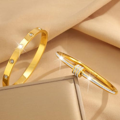 Camhanno Gold Bangles for Women - Stainless Steel Love & Friendship Bracelet Set with Gift Box | Daily Wear & Party Jewelry - color: 2pcs Gold Set Style 1