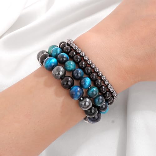 Vinswet 4pcs Beaded Bracelets for Women,Natural Healing Crystal Gemstones Bracelet,Anxiety Stress Relief Bracelet Handmade purple Jewelry Gifts for Women - color: Blue Tiger Eye&Black Obsidian&Hematite