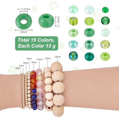 PH PandaHall 4500pcs 15 Green Colors 3mm Seed Beads 8/0 Mini Waist Beads Glass Spacer Bead Craft Crystal Bead for Friendship Bracelet Eyeglass Chain Jewelry Making DIY Crafts