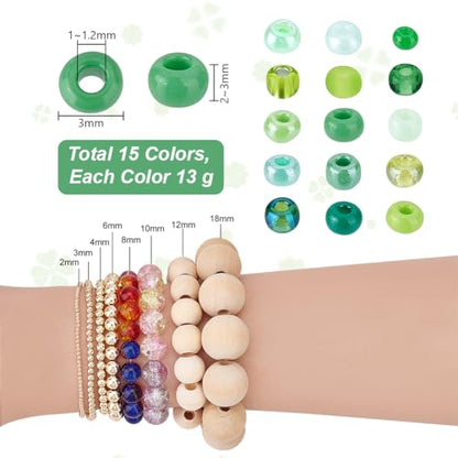 PH PandaHall 4500pcs 15 Green Colors 3mm Seed Beads 8/0 Mini Waist Beads Glass Spacer Bead Craft Crystal Bead for Friendship Bracelet Eyeglass Chain Jewelry Making DIY Crafts