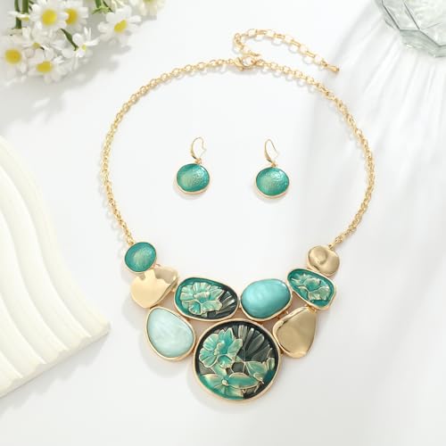 Vintage Statement Jewelry Set - Chunky Flower Floral Plant Geometric Resin Bib Necklace Earring Set Bohemian Boho Crystal Rhinestone Fashion Jewelry for Women Bridal Party Prom Unique Gift - style: MLJS2606