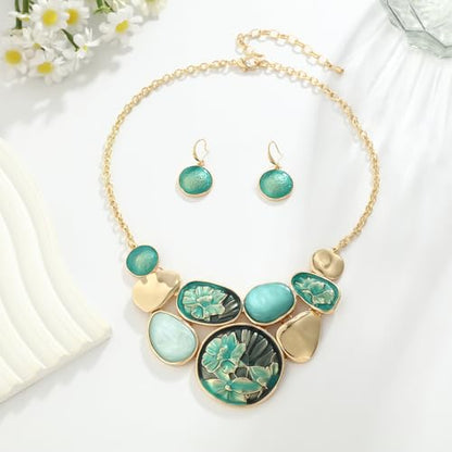 Vintage Statement Jewelry Set - Chunky Flower Floral Plant Geometric Resin Bib Necklace Earring Set Bohemian Boho Crystal Rhinestone Fashion Jewelry for Women Bridal Party Prom Unique Gift - style: MLJS2606