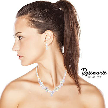 Rosemarie Collections Women's Stunning Rhinestone Crystal Teardrop Statement Necklace Hypoallergenic Drop Earrings Set, 15"+6" Extender - color: AB Crystal Silver Tone
