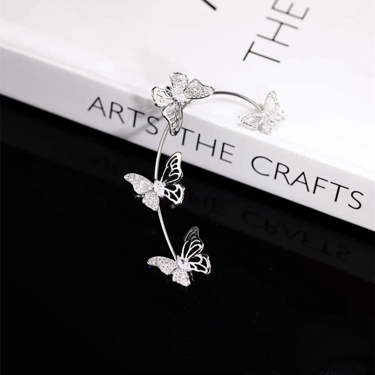 BETHYNAS Glitter Rhinestone Butterfly Flower Ear Cuff Sparkly Non-Pierced Crystal Tassel Fake Earrings Climber Lady Ear Wrap Bridal Party Ear Jewelry for Women and Girls - color: Silver Hollow Butterfly