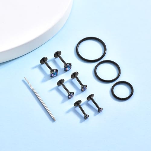 16G 18G Surgical Steel Internal Thread Stud Piercing Jewelry Set Nose Medusa Lip Labret Stud Hypoallergenic Clicker Hoop Septum Rings Cartilage Tragus Helix Conch Earrings for Women Men - color: 18G-8mm-black
