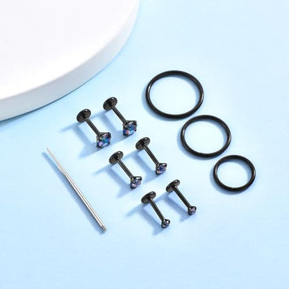 16G 18G Surgical Steel Internal Thread Stud Piercing Jewelry Set Nose Medusa Lip Labret Stud Hypoallergenic Clicker Hoop Septum Rings Cartilage Tragus Helix Conch Earrings for Women Men - color: 18G-10mm-black
