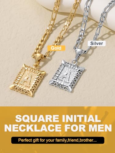 U7 Initial Letter Necklace for Men Women, 14K Gold/Silver Plated Square Capital Monogram Pendant Necklace from A-Z with 22+2 Inch Figaro Chain, Personalized Jewelry for Him - color: Silver, style: K