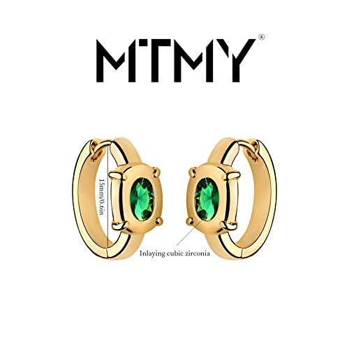 Huggie Hoop Earrings 14K Gold Plated Cubic Zirconia Dainty Simple Cute Beads Elegant CZ Circle Small Hoop Earring for Women Minimalist Handmade Hypoallergenic Jewelry - color: CZ-Oval Green