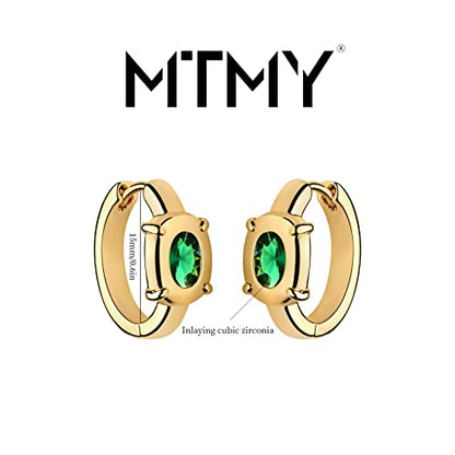 Huggie Hoop Earrings 14K Gold Plated Cubic Zirconia Dainty Simple Cute Beads Elegant CZ Circle Small Hoop Earring for Women Minimalist Handmade Hypoallergenic Jewelry - color: CZ-Oval Green