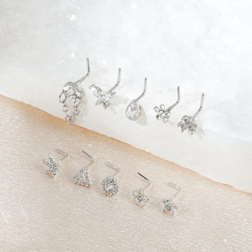 35-70 PCS 18G 20G Nose Rings for Women & Men - Gold Hoops, L Shape, Studs & Screw - 316L Surgical Stainless Steel - color: Silver-Clear CZ-20G-20pcs