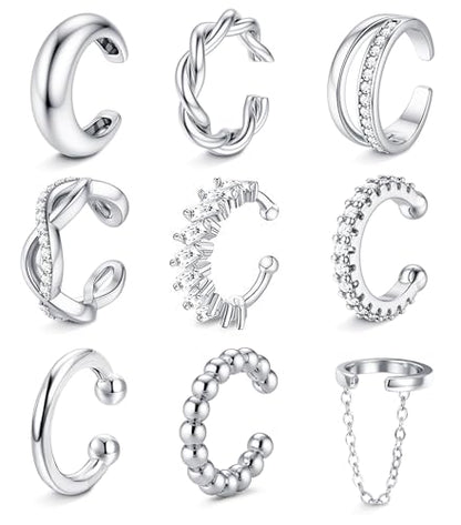 9PCS Ear Cuff Earrings for Women Non Piercing 14K Gold Plated - Hypoallergenic Adjustable Ear Cuffs Trendy Non Tarnish Clip on Cartilage Fake Earring Stacks Wrap Jewelry - color: Silver Plated