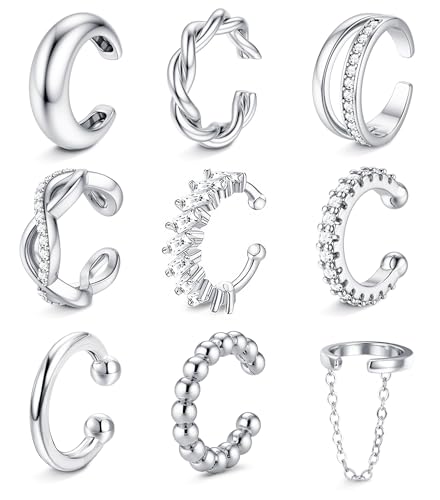 9PCS Ear Cuff Earrings for Women Non Piercing 14K Gold Plated - Hypoallergenic Adjustable Ear Cuffs Trendy Non Tarnish Clip on Cartilage Fake Earring Stacks Wrap Jewelry - color: Silver Plated
