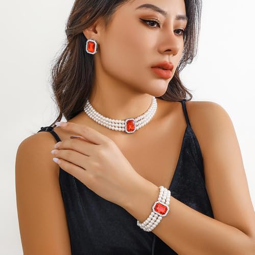 Wekicic Faux Pearl Necklace Earrings Set for Women Crystal Pearl Choker Necklace Bracelet Set 1920s Jewelry for Wedding Party - color: Red