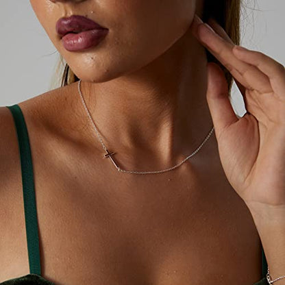VIROMY Gold Cross Necklace for Women 14K Gold Plated Cute Sidways Cross Pendant Choker Necklaces Simple Trendy Everyday Jewelry for Women - style: Sideways Cross Bar -Silver