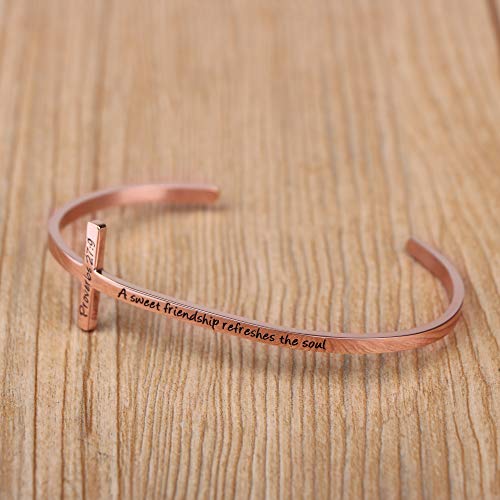 Memgift 𝐂𝐫𝐨𝐬𝐬 𝐁𝐫𝐚𝐜𝐞𝐥𝐞𝐭 Religious Cuff Bangle 𝐁𝐢𝐛𝐥𝐞 𝐕𝐞𝐫𝐬𝐞 Christian Gifts Jewelry for 𝐖𝐨𝐦𝐞𝐧 - style: Rose gold-A sweet friendship refreshes the soul -Proverbs 27:9