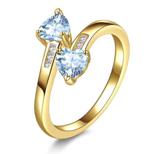 Yaresul 1CT Adjustable Women Heart Ring 14K Gold Plated Birthstone Rings for Women Promise Ring for her Simulated Gemstone Statement Stackable Band Width 2mm Open Size 5~9 - color: C-March-Created Aquamarine