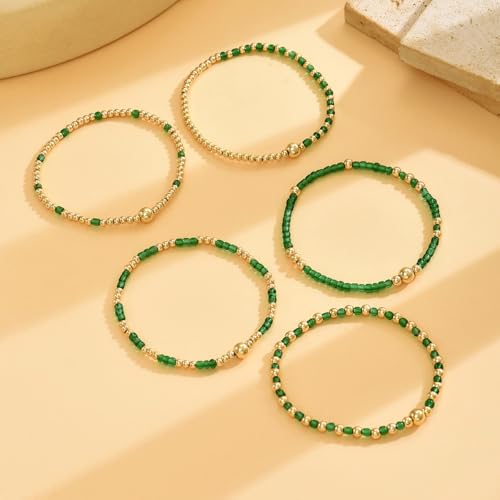 LOTSOF Bohemia Multilayer Beaded Bracelet Set, Turquoise Resin Colorful Surfer Heishi Style Elastic Spring Clasp Friendship Elastic Wristbands Summer Beach Boho Vacation Jewelry - color: Green