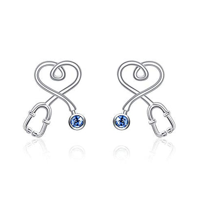 Stethoscope Earrings 925 Sterling Silver Heart Studs Earrings 12 Months Birthstone Crystals from Austria, Graduation Jewelry Gifts for Nurse Doctor RN Medical Student - color: Simulated Sapphire