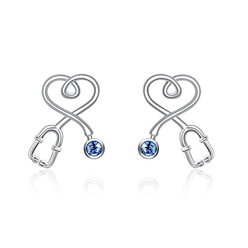 Stethoscope Earrings 925 Sterling Silver Heart Studs Earrings 12 Months Birthstone Crystals from Austria, Graduation Jewelry Gifts for Nurse Doctor RN Medical Student - color: Simulated Sapphire