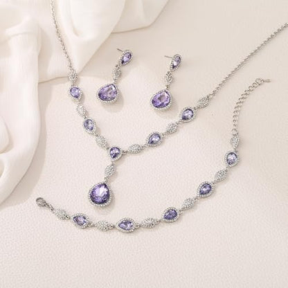 EleQueen Women's Wedding Bridal Jewelry Sets for Brides Bridesmaids, Cubic Zirconia Teardrop Necklace Tennis Bracelet Dangle Earrings Jewellery Set - color: Light Purple Silver-Tone