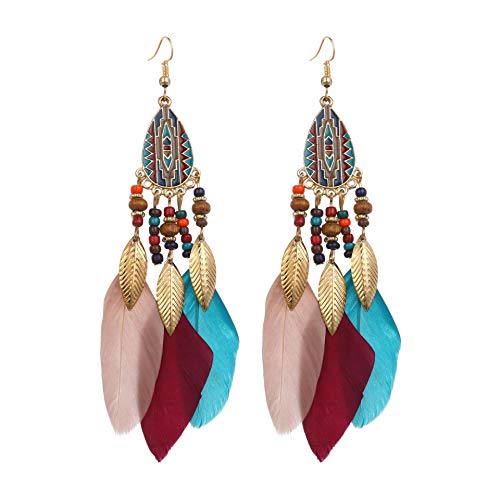 Dreuyet Boho Long Feather Drop Dangle Earrings for Women Retro Bohemian Ethnic Fringe Multicolor Tassel Feather Earring Handmade Statement Dream Catcher Earrings Jewelry - color: Color Teardrop
