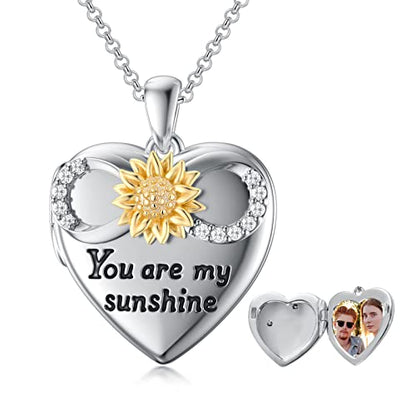 SOULMEET 10K 14K 18K Solid White Gold/Silver Minimalist Style/Infinity Sunflower Heart/Oval Locket Necklace That Holds 1 or 2 Pictures Personalized Photo Locket Necklace Letters Engraving - style: D-Infinity sunflower locket+photo