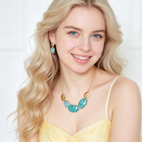 Vintage Statement Jewelry Set - Chunky Flower Floral Plant Geometric Resin Bib Necklace Earring Set Bohemian Boho Crystal Rhinestone Fashion Jewelry for Women Bridal Party Prom Unique Gift - style: MLJS2608-Aquamarine