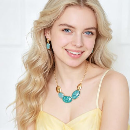 Vintage Statement Jewelry Set - Chunky Flower Floral Plant Geometric Resin Bib Necklace Earring Set Bohemian Boho Crystal Rhinestone Fashion Jewelry for Women Bridal Party Prom Unique Gift - style: MLJS2608-Aquamarine