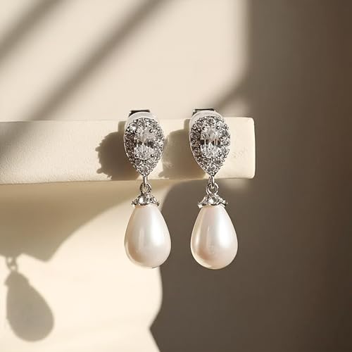 Mariell Pearl Bridal Wedding Drop Earrings with CZ Crystals for Brides, Bridesmaids, Birthday Gift - color: Silver - Clear Cubic Zirconia