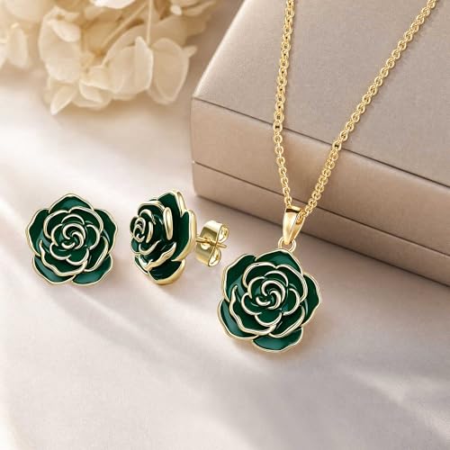 Enamel Rose Necklace and Earrings Jewelry Set for Women | 14K Gold Plated,Rose Represent: Love Gratitude Prid,Adjustable Chain Fit,Elegant Sets for Daily and Party Wear,Gift Box - color: Green