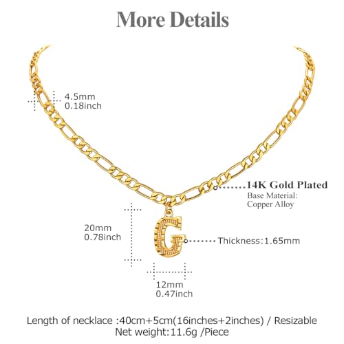 14K Gold Plated Initial Necklaces for Women Men A-Z Letter Necklaces | Figaro Chain, 16"+2" Adjustable Length, with Gift Box - style: G