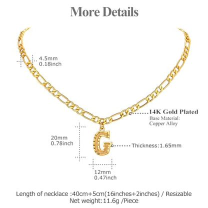 14K Gold Plated Initial Necklaces for Women Men A-Z Letter Necklaces | Figaro Chain, 16"+2" Adjustable Length, with Gift Box - style: G