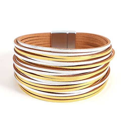 hotoo Leather Wrap Bracelet for Women - color: Gold and silver