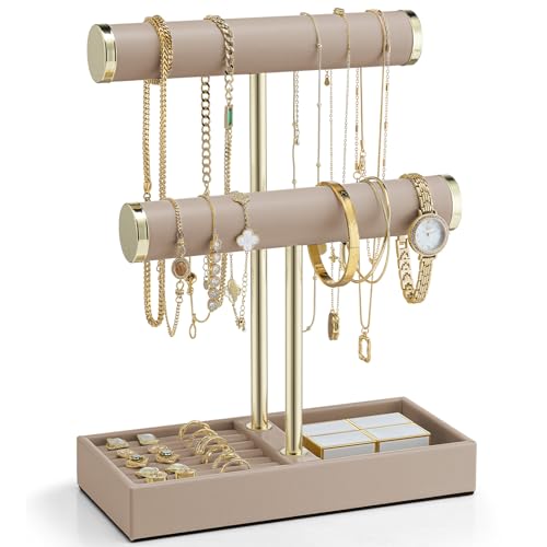 Vlando 2 Tier Bracelet Holder with Tray - Leather Jewelry Stand Organizer for Women - Valentines Day Gift Her- Jewelry Holder Display for Necklace, Watches, Rings, Earrings, Bangle, Scrunchie - Toffee - color: D.Toffee, size: 2 Tier
