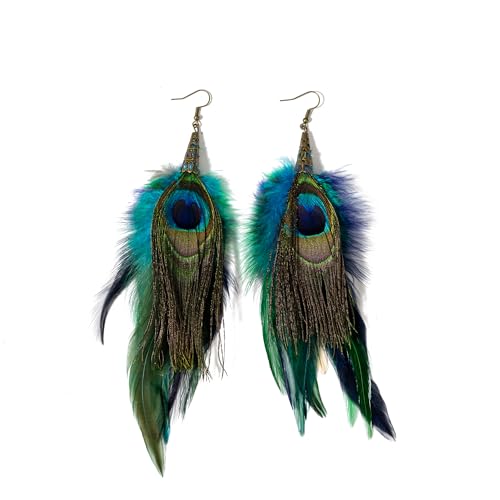Bohemian Pheasant Peacock Long Feathers Statement Earrings Handmade Natural Lightweight Feather Dangle Earrings for Women (ea000071) - color: Peacock Blue 2