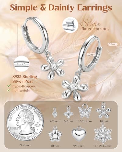FIBO STEEL 14K Gold Plated Hoop Earrings with Charms for Women Huggie Hoops | Hypoallergenic 925 Sterling Silver Post Dangle Earrings Small Silver Gold Hoops Earring Cubic Zirconia Dangle Drop Jewelry - color: CZ Flower - Silver Plated