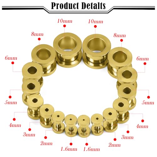 14G-00G Double Flare Screw On Gauges Tunnels Plugs Stretching Set Kit 316L Surgical Steel Gauges Tunnel Plug for Ears Size 16G 12G 10G 8G 6G 4G 2G 0G 00G Women Men - color: Gold Tone-14G-00G