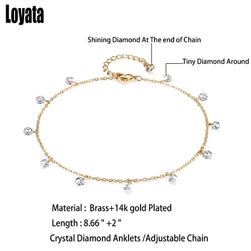LOYATA Dainty Ankle Bracelet,14K Gold Plated Tiny Bead Anklet Dainty White Cubic Zirconia Cross Tassel Foot Chain Cute Lucky Moon Evil Eye Foot Jewelry Boho Anklets for Women - color: CZ