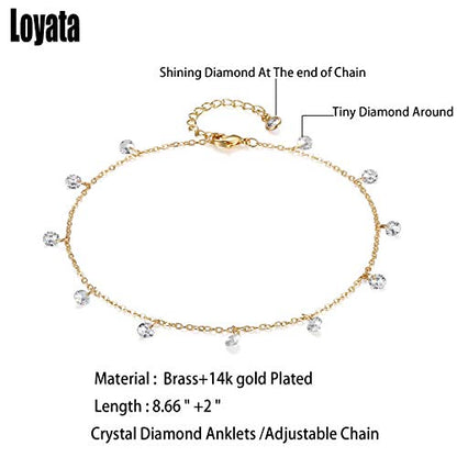 LOYATA Dainty Ankle Bracelet,14K Gold Plated Tiny Bead Anklet Dainty White Cubic Zirconia Cross Tassel Foot Chain Cute Lucky Moon Evil Eye Foot Jewelry Boho Anklets for Women - color: CZ