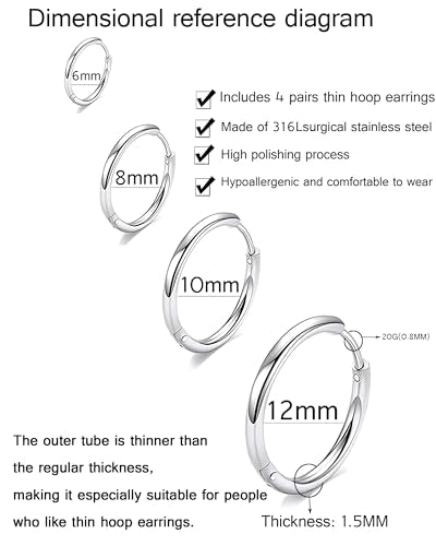 316L Surgical Stainless Steel Huggie Hoop Earrings 6mm 8mm 10mm 11mm 12mm 14mm Hypoallergenic Earrings Hoop Cartilage Helix Lobes Hinged Sleeper Earrings For Men Women - style: "(DIA 6/8/10/12) THK 1.5mm Silver"