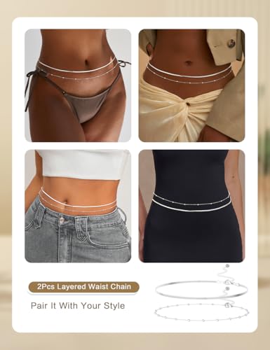 14K Gold Plated Layered Body Waist Chain for Women | Layered Waist Chain with CZ Heart and Pearl Pendant, Belly Chain Belt Jewelry for Women, Bikini Summer Beach Wear - style: Snake & Waist Beads Chain