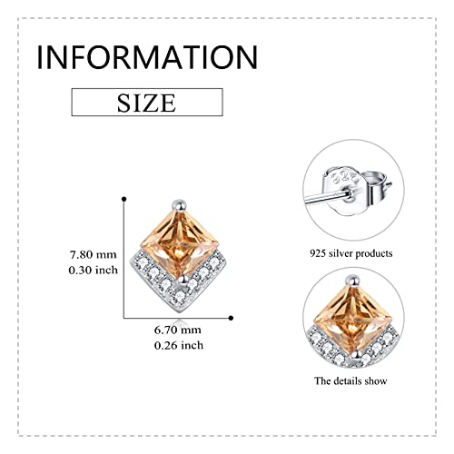 Birthstone Stud Earrings Sterling Silver Square Created Crystal Earrings Cubic Zirconia Hypoallergenic Piercing Jewelry Small Gifts for Women Mothers - color: Nov-Citrine