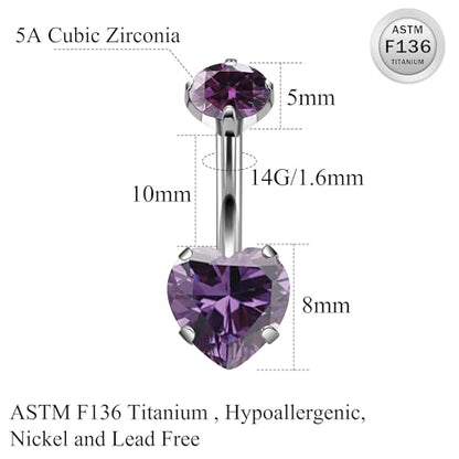 ASTM F136 Titanium Belly Button Rings 14G CZ Heart Belly Navel Rings 10mm Bar Body Piercing Jewelry Navel Ring With 1PCS Curved Piercing Taper - color: Purple CZ