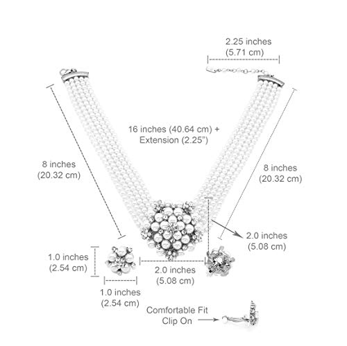 Fashion 21 5 Rows Rhinestone Accented Simulated Floral Pearl Cluster Necklace, Clip on Earring 2 Set - color: White